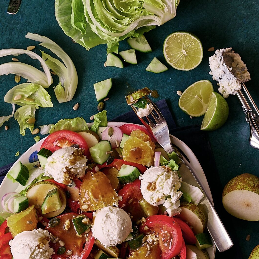 Tomato Cucumber Feta Salad with Fruit and Bell Pepper