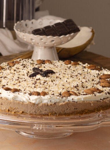 No-bake coffee cheesecake with double chocolate, decorated with toasted coconut and shaved chocolate