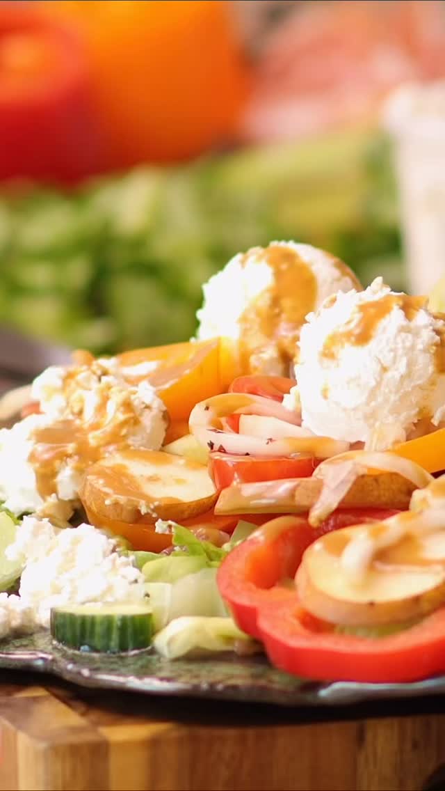 Adding scoops of soft creamy Feta-type savory cheese balls to a summery fruit-veggie salad.  Couldn’t get any better than this!  #easyrecipes #healthyrecipes #instafood #seasonalrecipes #creativecooking