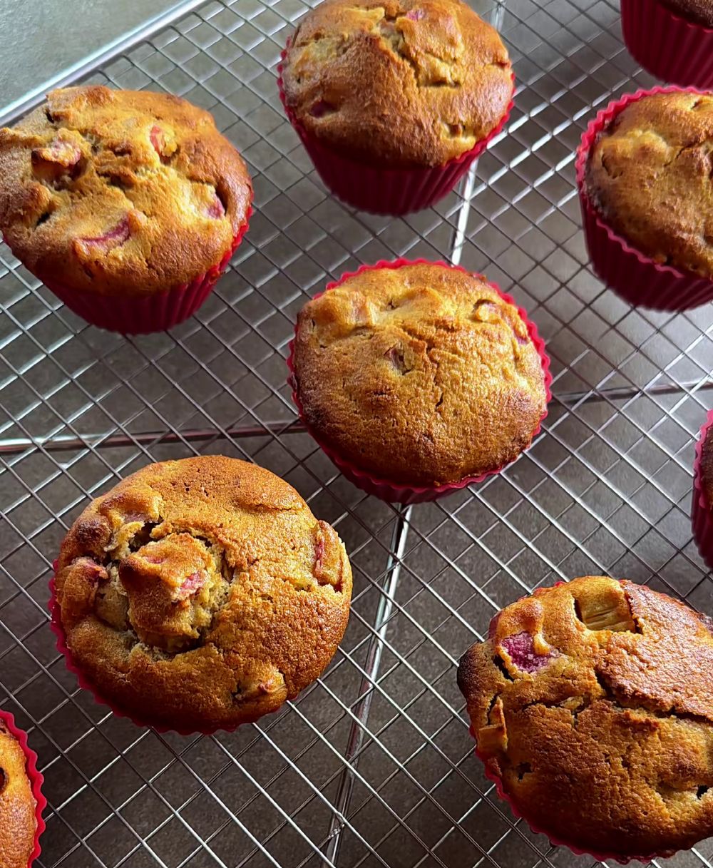 Golden baked rhubarb muffins in red silicone cups cooling on a wire rack