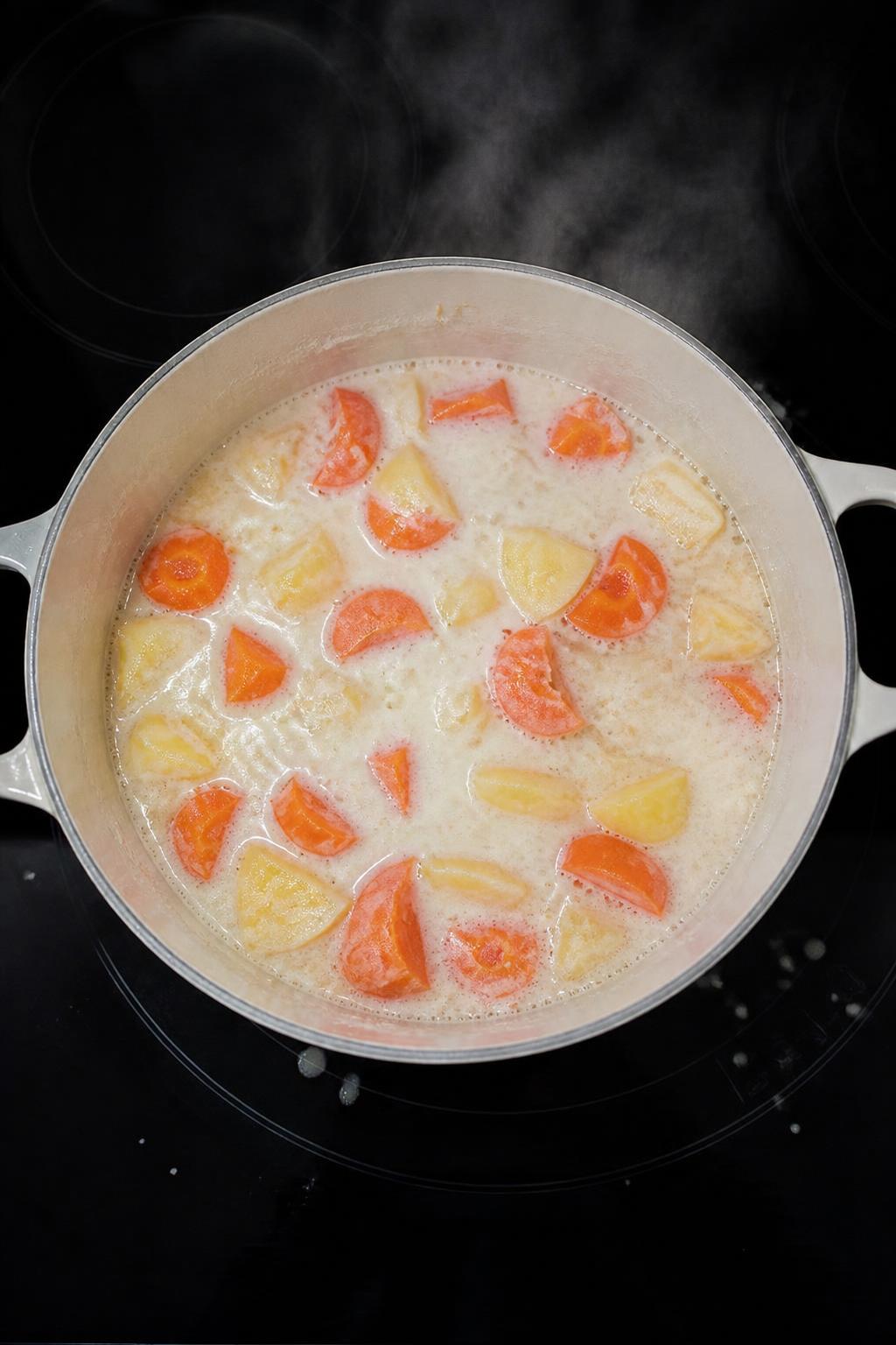 Illustration: carrots and potatoes simmering in coconut milk in a pot on a black ceramic stovetop